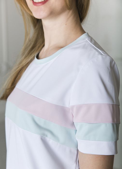 картинка Блузон женский медицинский "Ольга Политрик" в белом цвете с розово-зеленой отделкой от интернет магазина